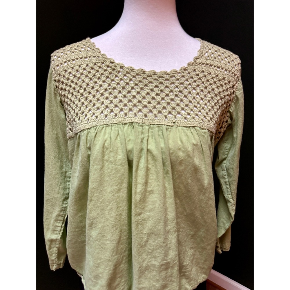Bhags‎ Boho Green Crochet Long Sleeve Peasant Top Women's S/M